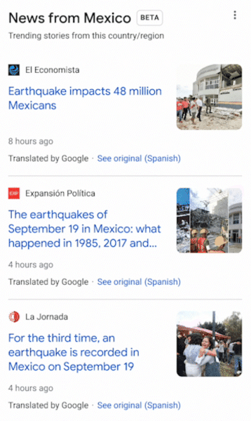Aqui está uma captura de tela mostrando “traduzido pelo Google” perto das manchetes
